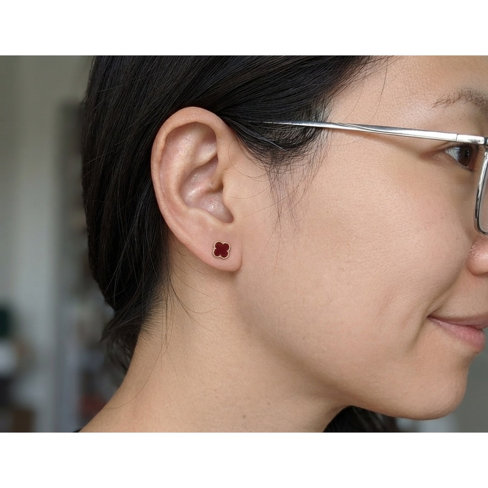 14K Gold Maroon Clover Enamel Stud Earrings Dainty Jewelry